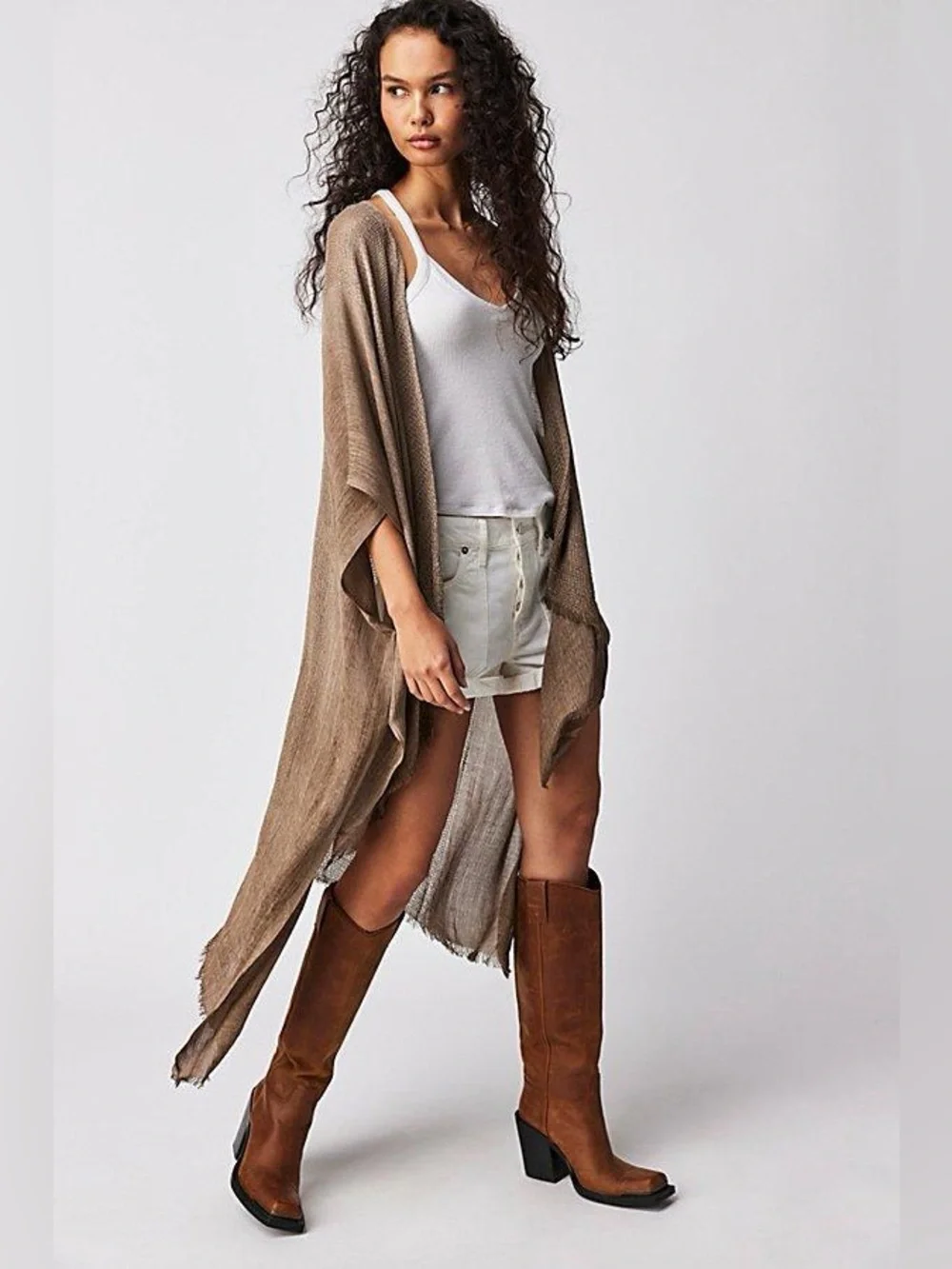 Free People Day Dream Washed Kimono in a draped, open-front taupe-brown design